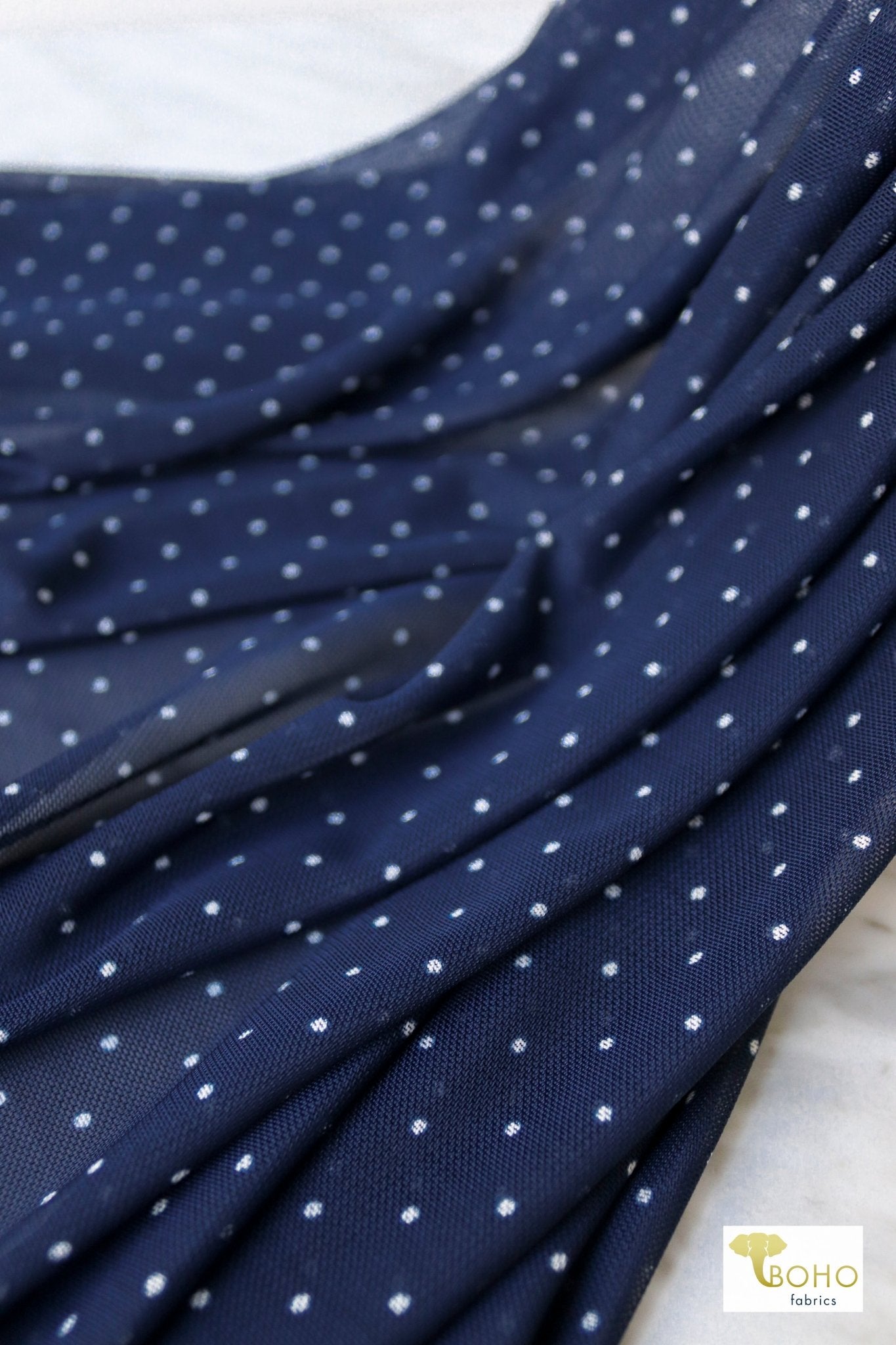 Navy & White Polka Dots, Stretch Mesh Printed Fabric. - Boho Fabrics