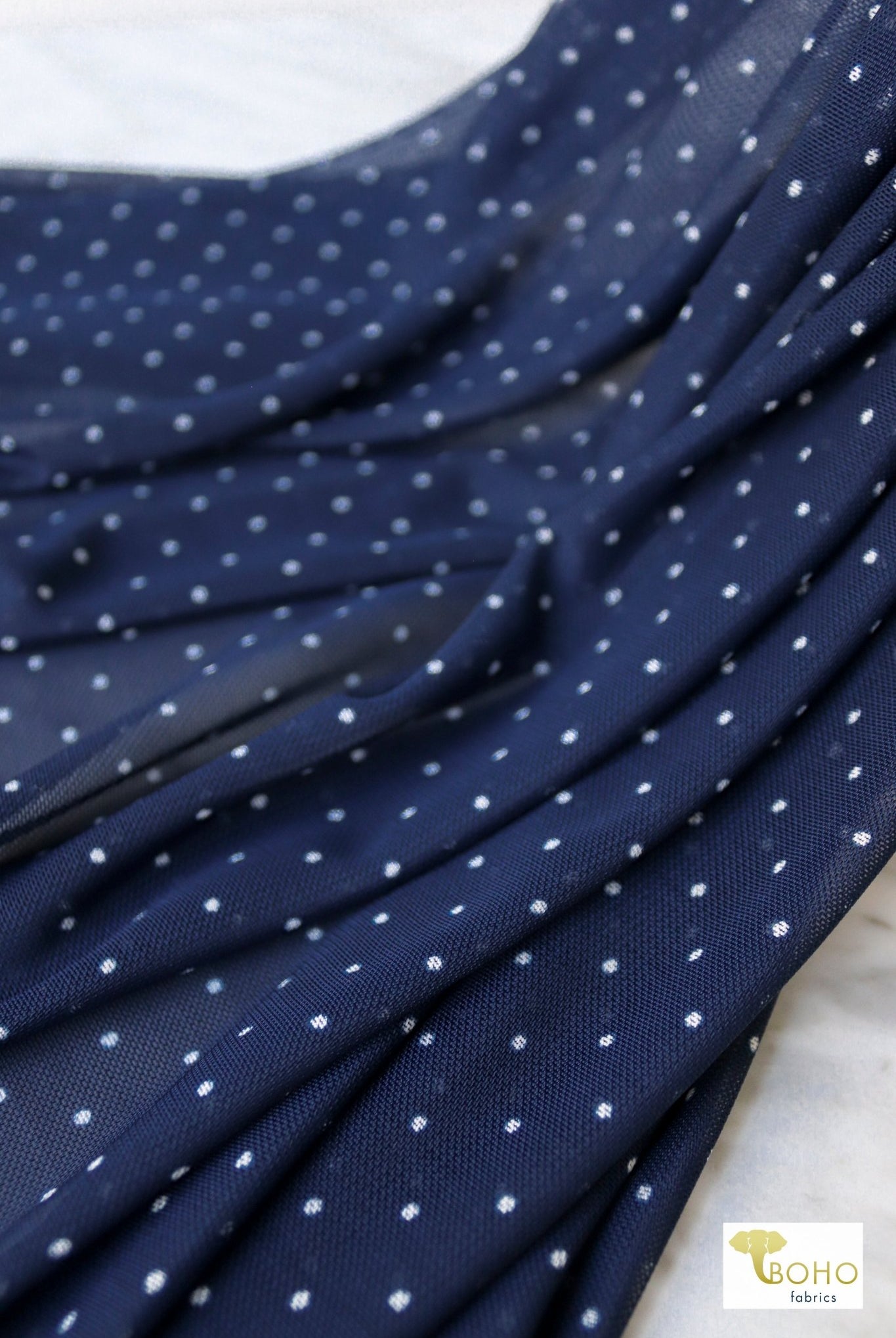 Navy & White Polka Dots, Stretch Mesh Printed Fabric. - Boho Fabrics