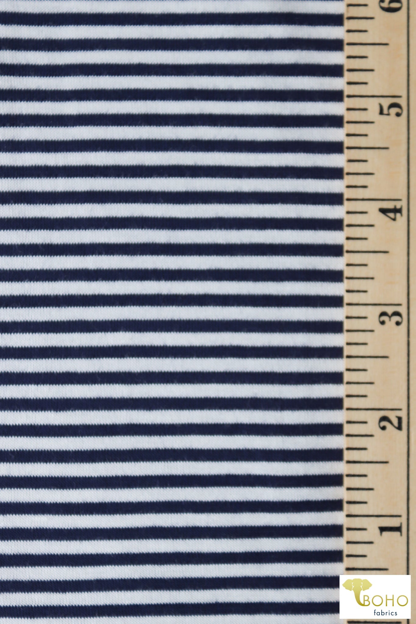 Navy/White Stripes, Rayon Spandex Knit - Boho Fabrics