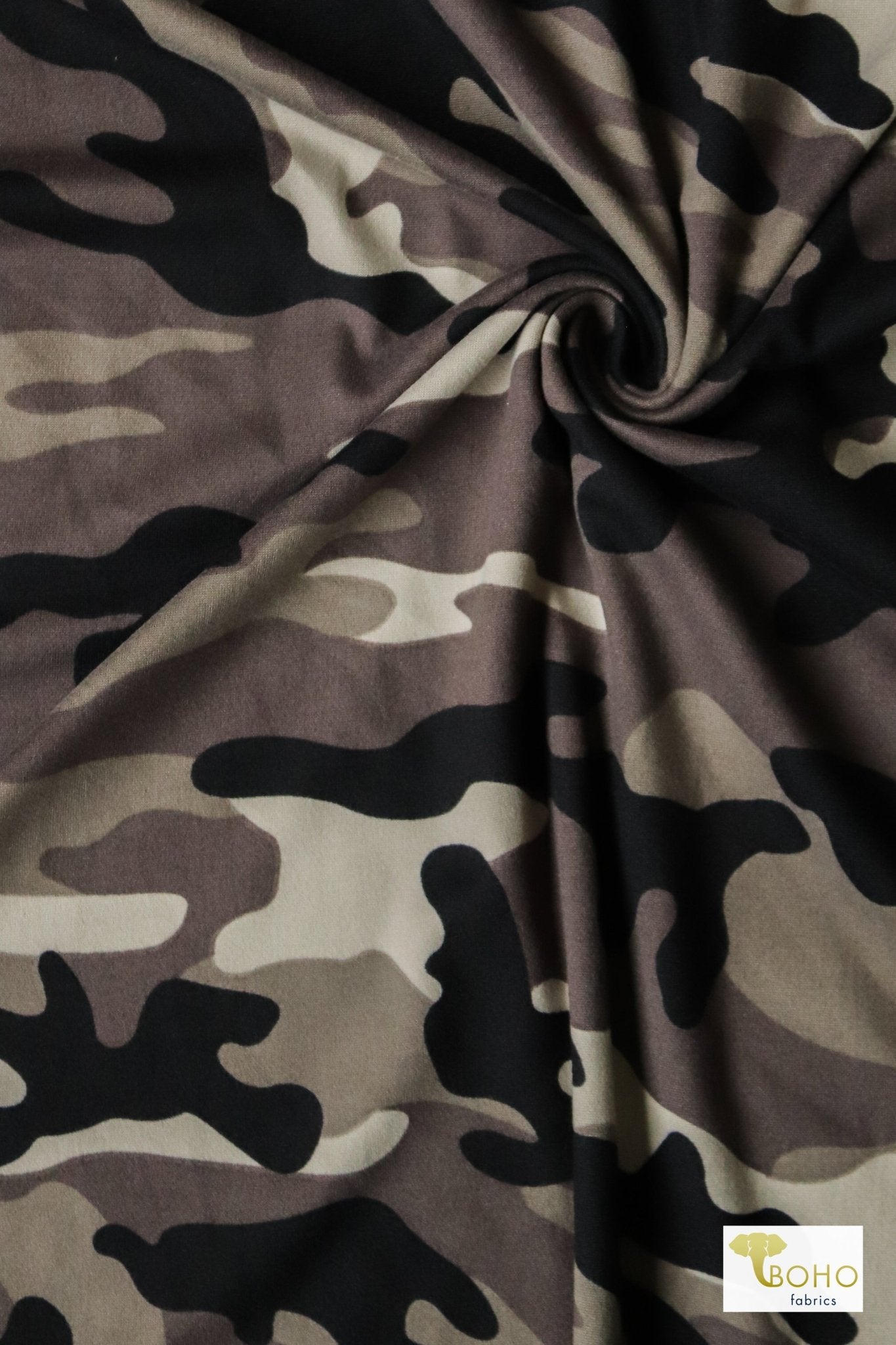 Neutral Camo ,Double Brushed Poly Printed Knit - Boho Fabrics