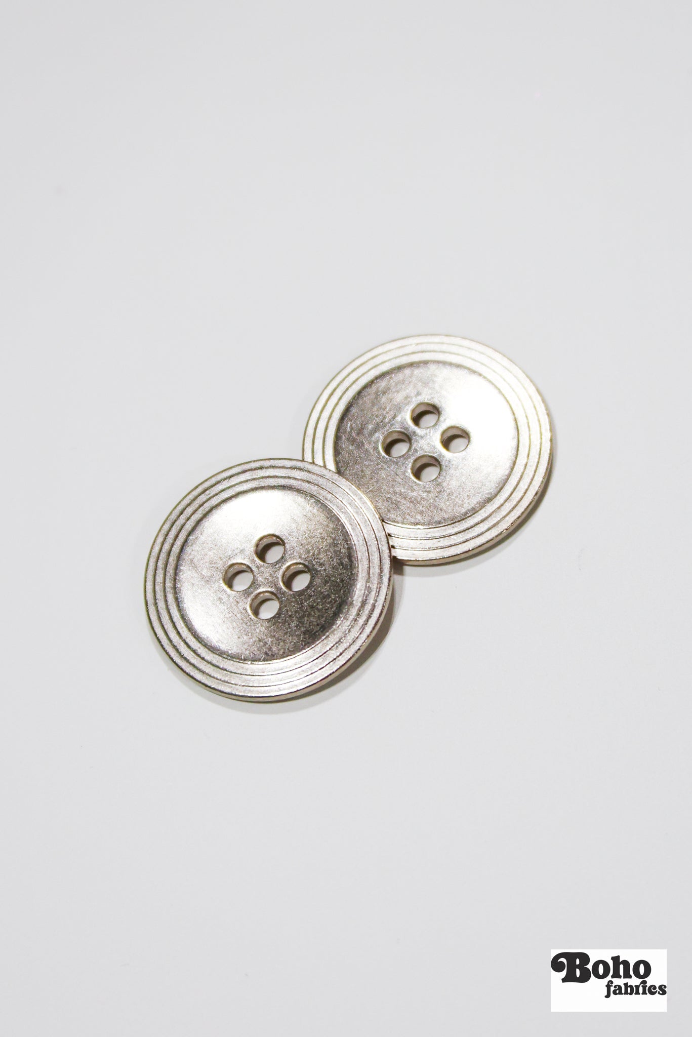 Nickel 4-Hole Buttons. 22L (14mm / 9/16"), 28L (18mm / 11/16"), 34L (21mm / 7/8"), 40L (25mm / 1") - Boho Fabrics - Buttons & Snaps