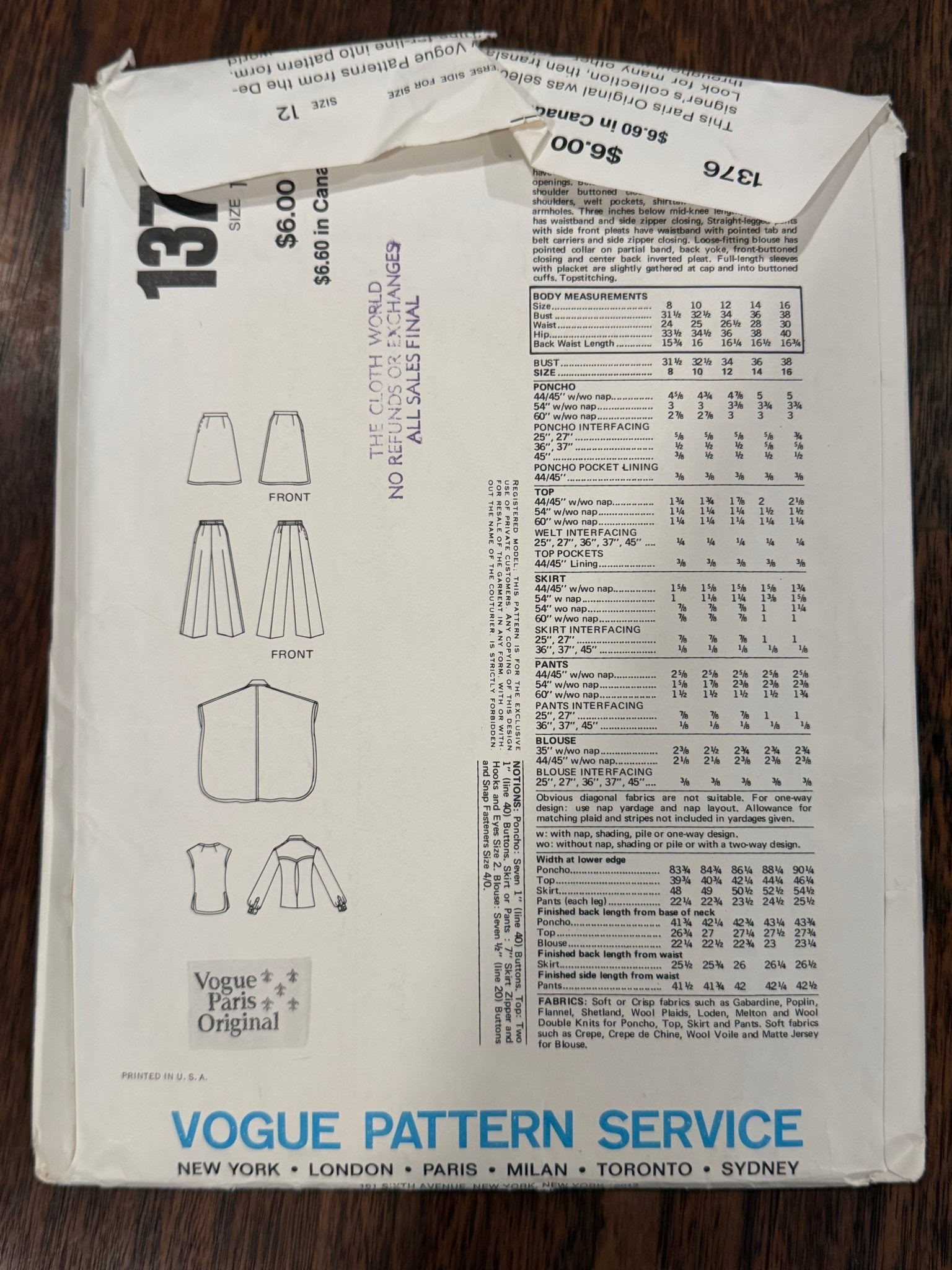 Nina Ricci | Vogue Paris Original Sewing Pattern #1376 — Poncho, Top, Skirt, Pants & Blouse, Size 12, Vintage 1976, with Original Vogue Sew-In Label - Boho Fabrics - Sewing Patterns