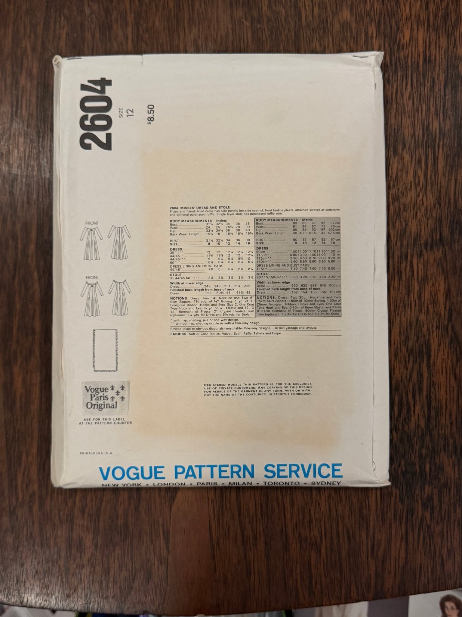 Nina Ricci | Vogue Paris Original Sewing Pattern #2604 — Fitted & Flared Dress with Stole, Size 12, Vintage 1980 - Boho Fabrics - Sewing Patterns