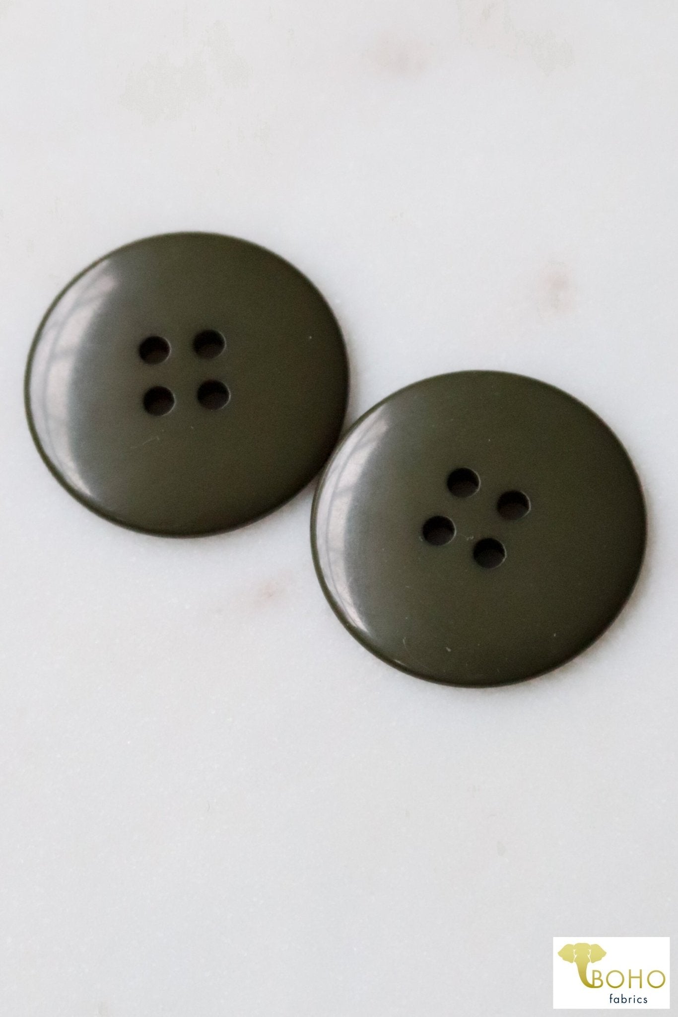 Olive Green, 4 Hole Buttons. 40L (25.5mm/ 1") Sold per Package of 25 - Boho Fabrics
