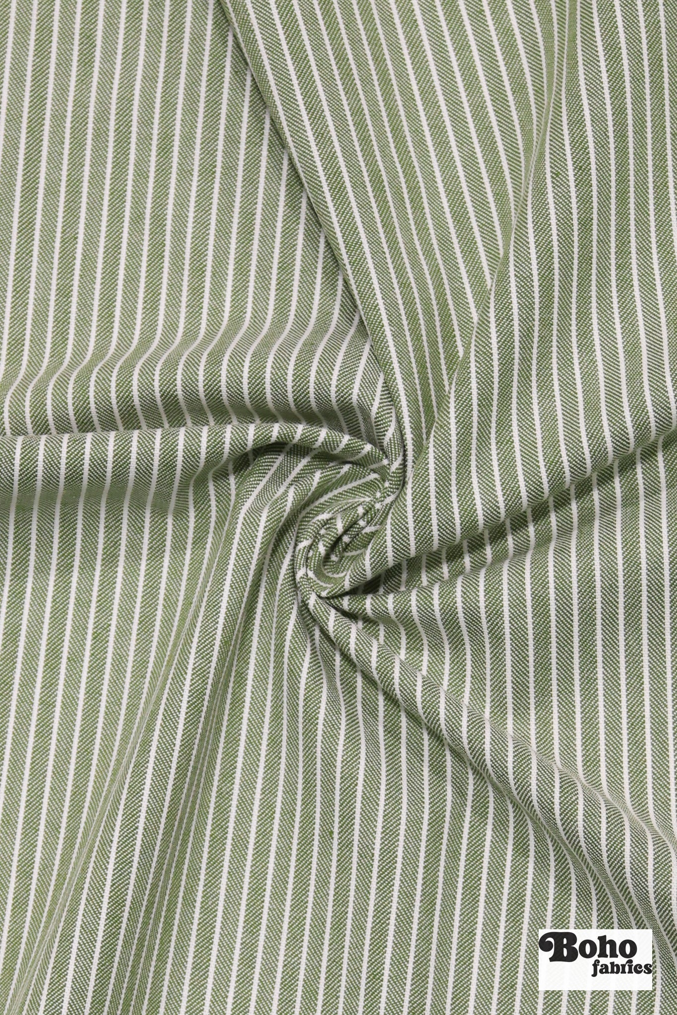 Olive Green and White Thin Stripes Cotton Woven Fabric - Boho Fabrics - Woven, Fabric