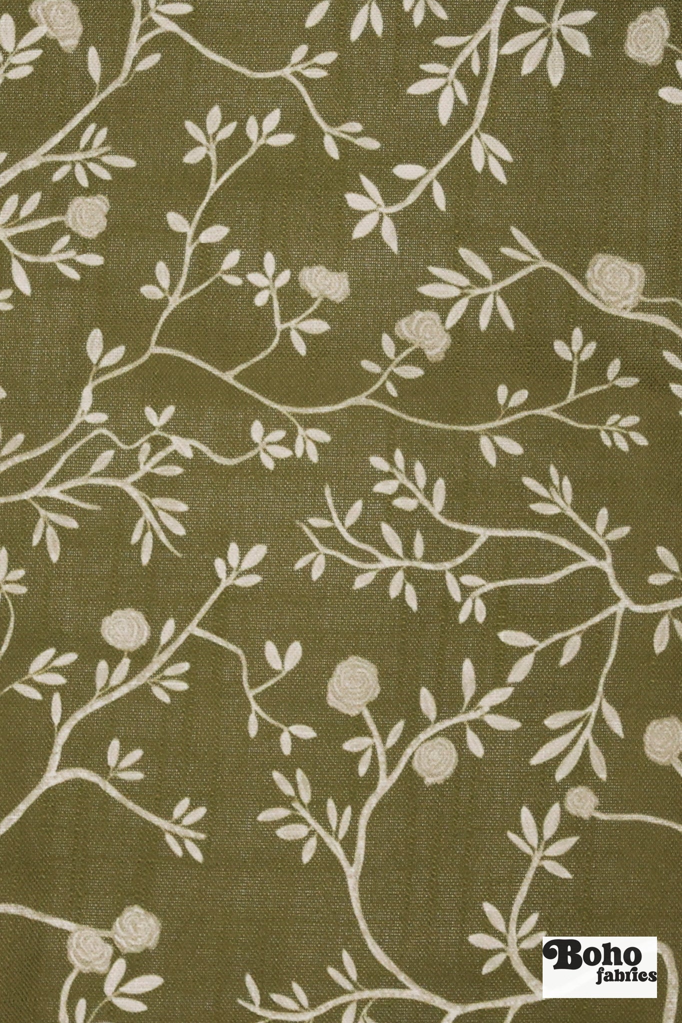 Olive Green, Rose Branches Linen-Look Woven Fabric - Boho Fabrics - Home Dec. & Upholstery Fabric
