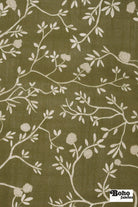 Olive Green, Rose Branches Linen-Look Woven Fabric - Boho Fabrics - Home Dec. & Upholstery Fabric