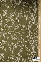 Olive Green, Rose Branches Linen-Look Woven Fabric - Boho Fabrics - Home Dec. & Upholstery Fabric