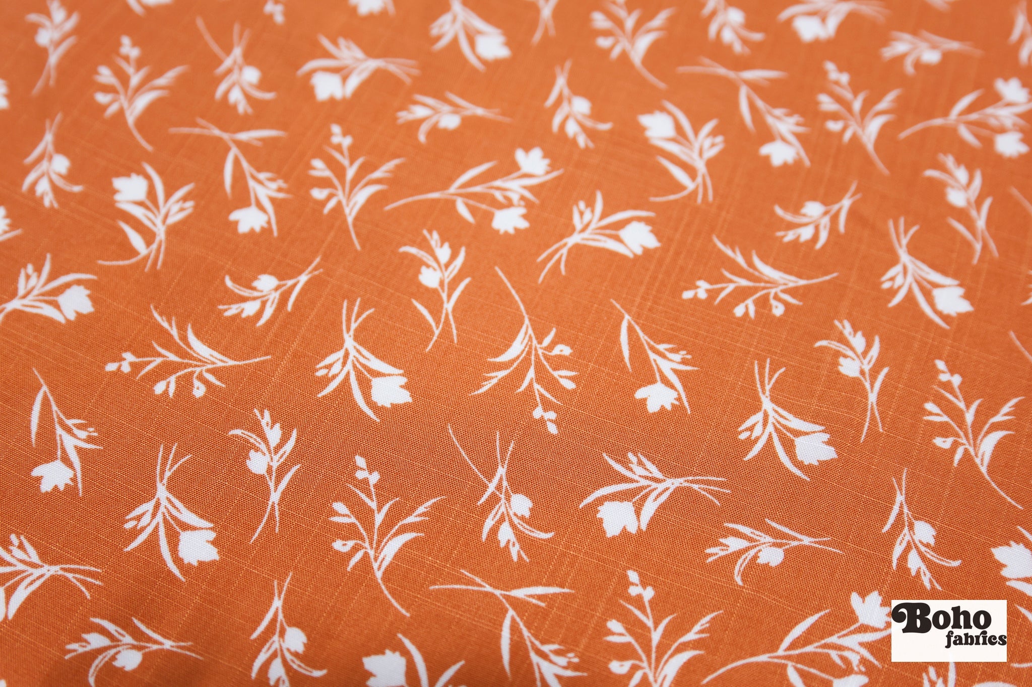 Orange with White Botanical Silhouettes Rayon Challis Woven Fabric - Boho Fabrics - Challis, Woven
