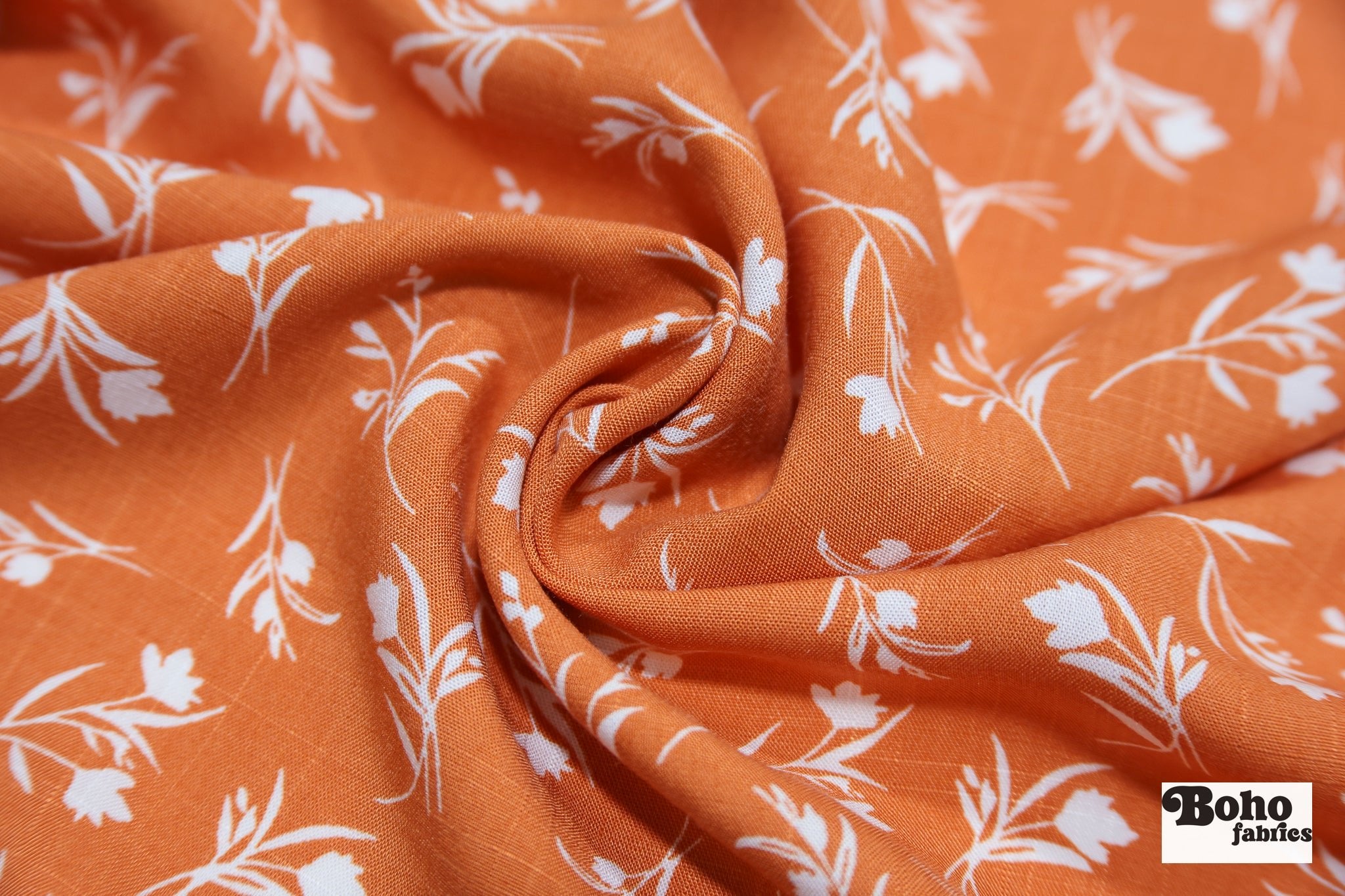 Orange with White Botanical Silhouettes Rayon Challis Woven Fabric - Boho Fabrics - Challis, Woven