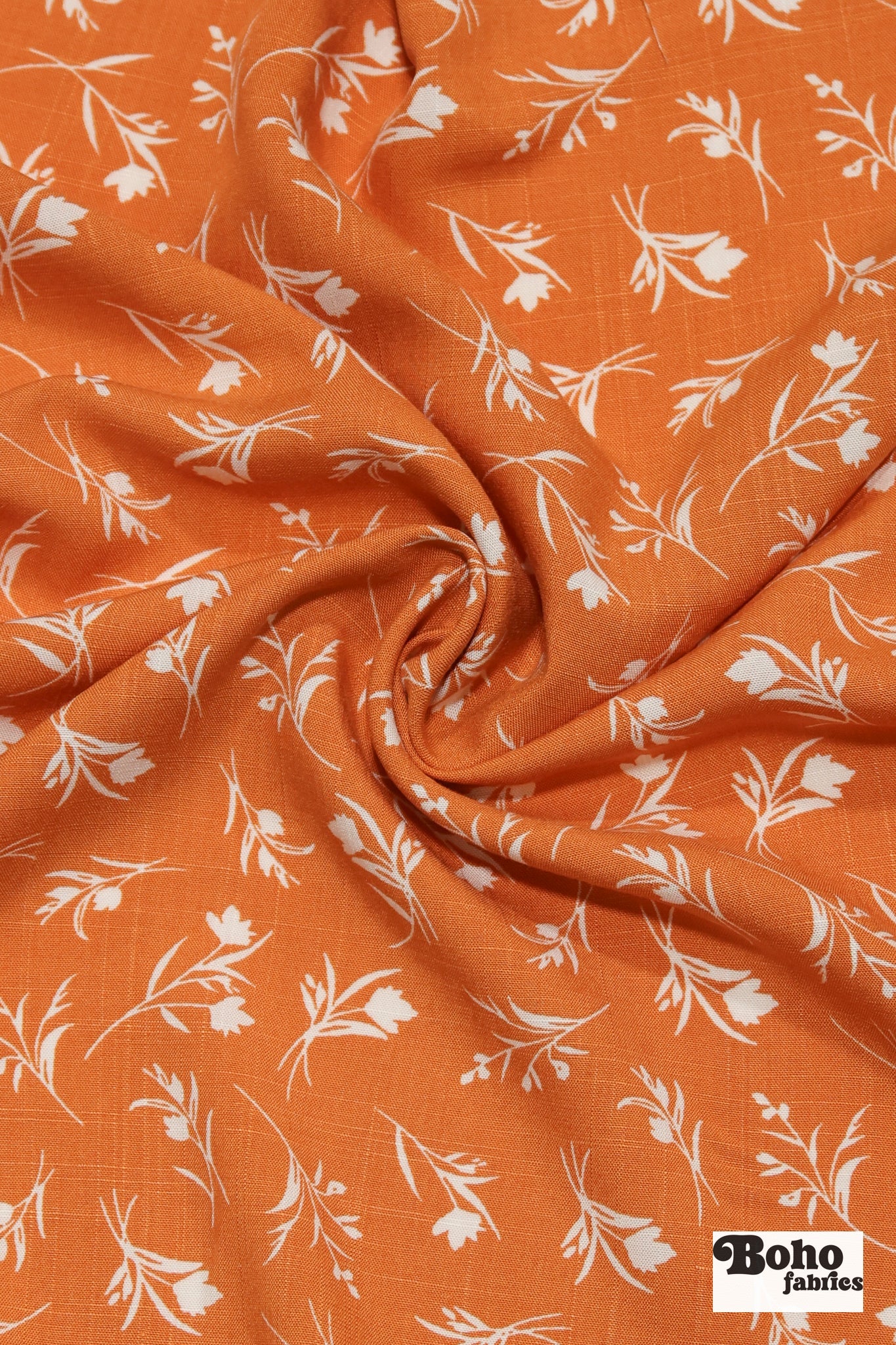 Orange with White Botanical Silhouettes Rayon Challis Woven Fabric - Boho Fabrics - Challis, Woven