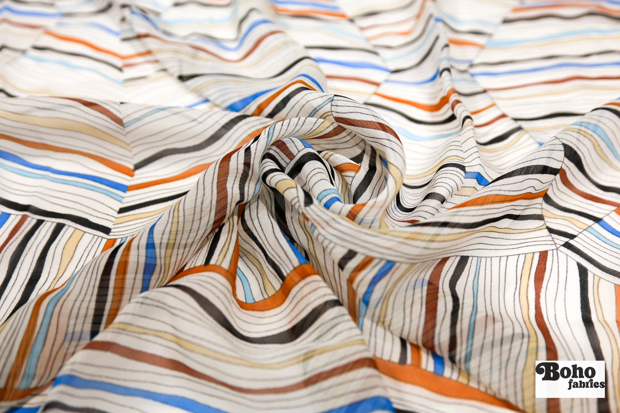 Organic Colorful Lines Geometric Shapes Silk Chiffon Fabric, Pre-Cuts - Boho Fabrics - Woven Fabric