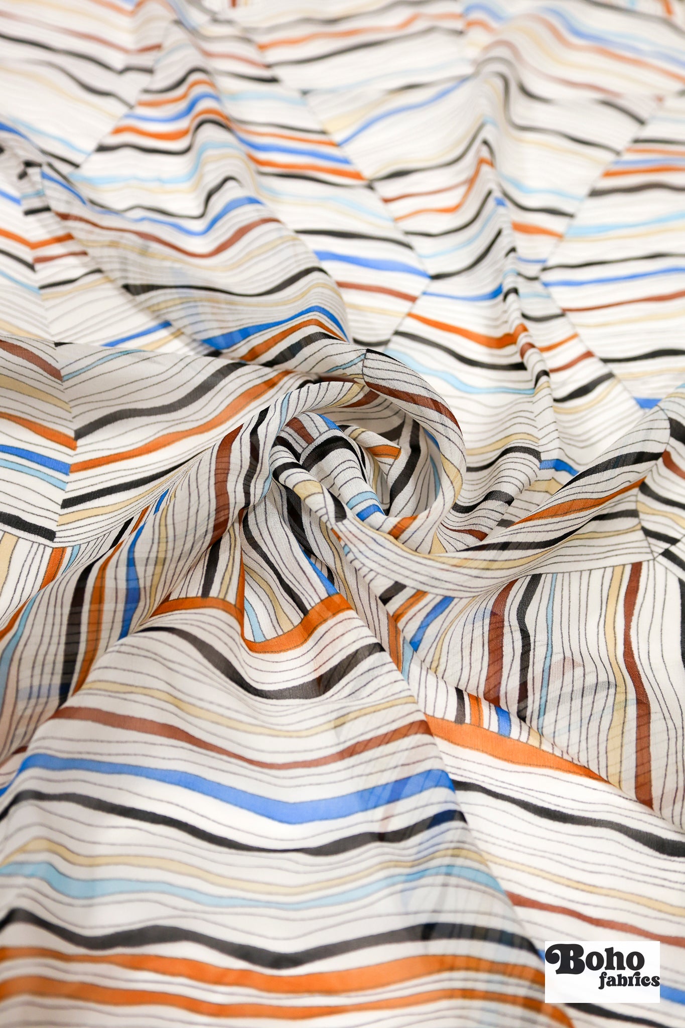 Organic Colorful Lines Geometric Shapes Silk Chiffon Fabric, Pre-Cuts - Boho Fabrics - Woven Fabric