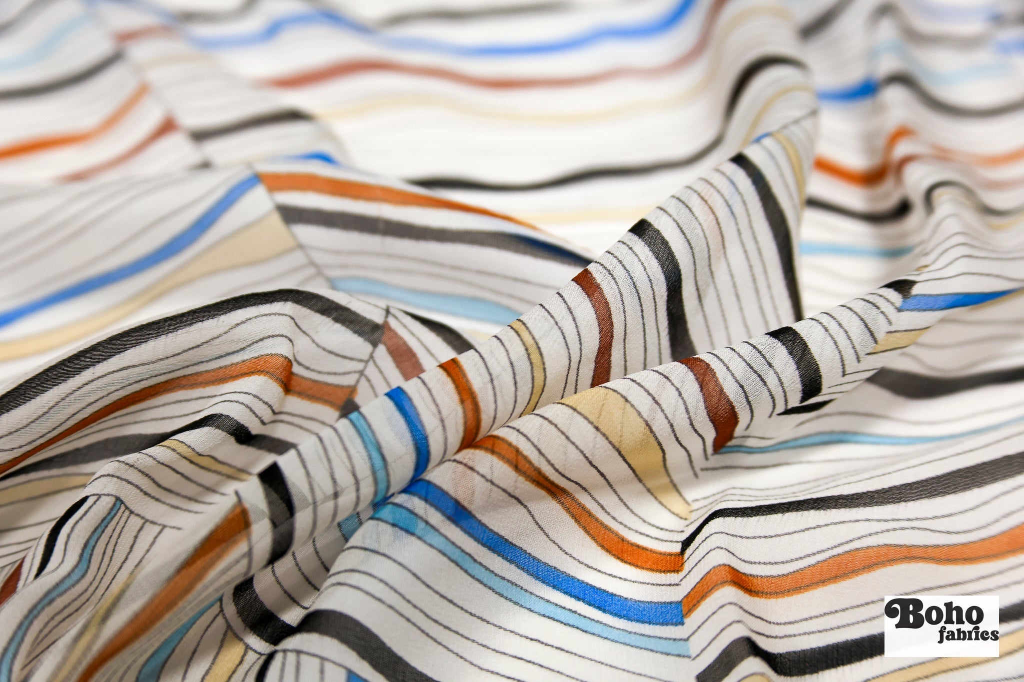 Organic Colorful Lines Geometric Shapes Silk Chiffon Fabric, Pre-Cuts - Boho Fabrics - Woven Fabric