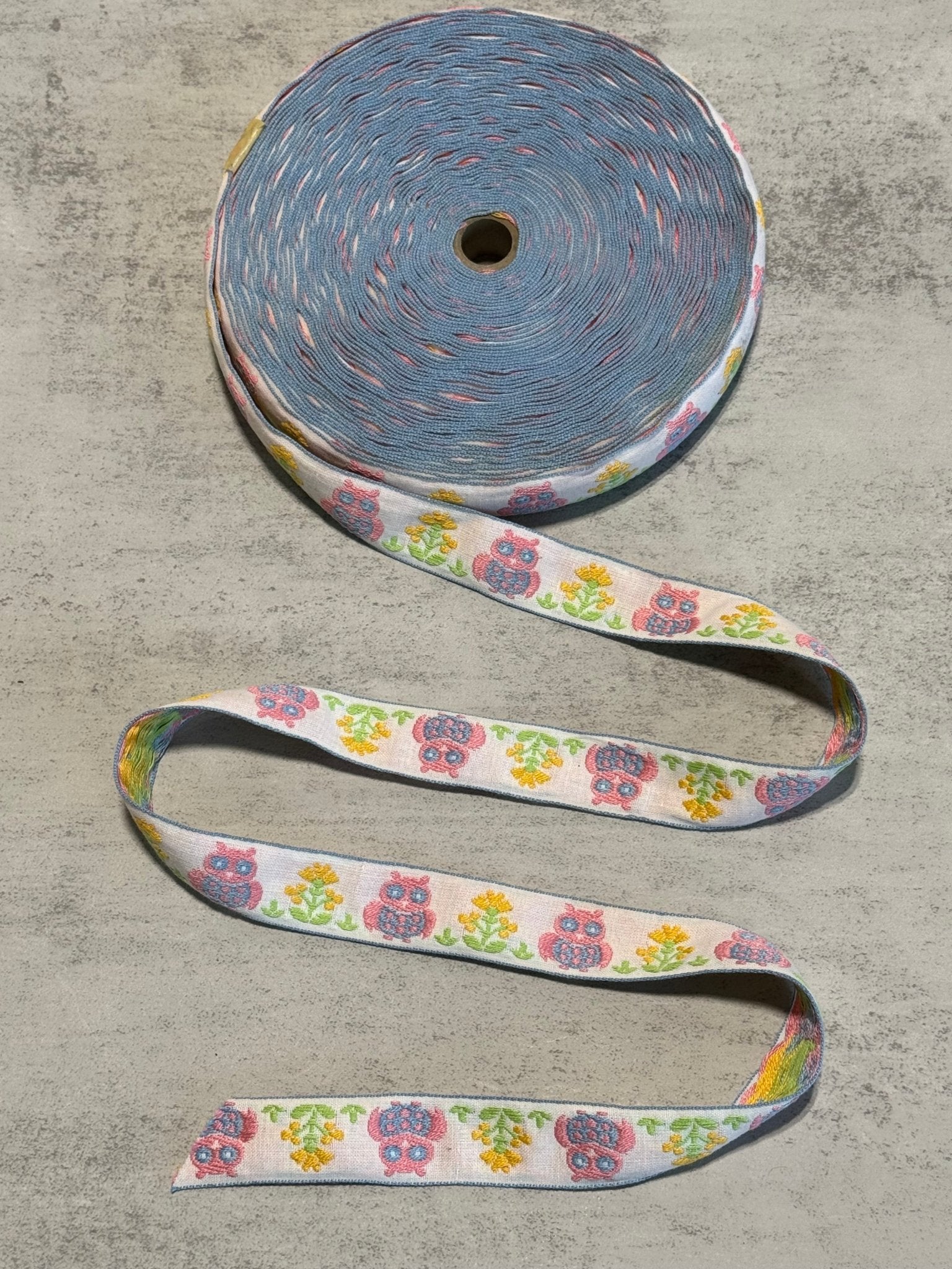 Owl Blossoms in Pink & Yellow, 0.875” Vintage Jacquard Woven Trim. Trim - 170 - Boho Fabrics - Trims