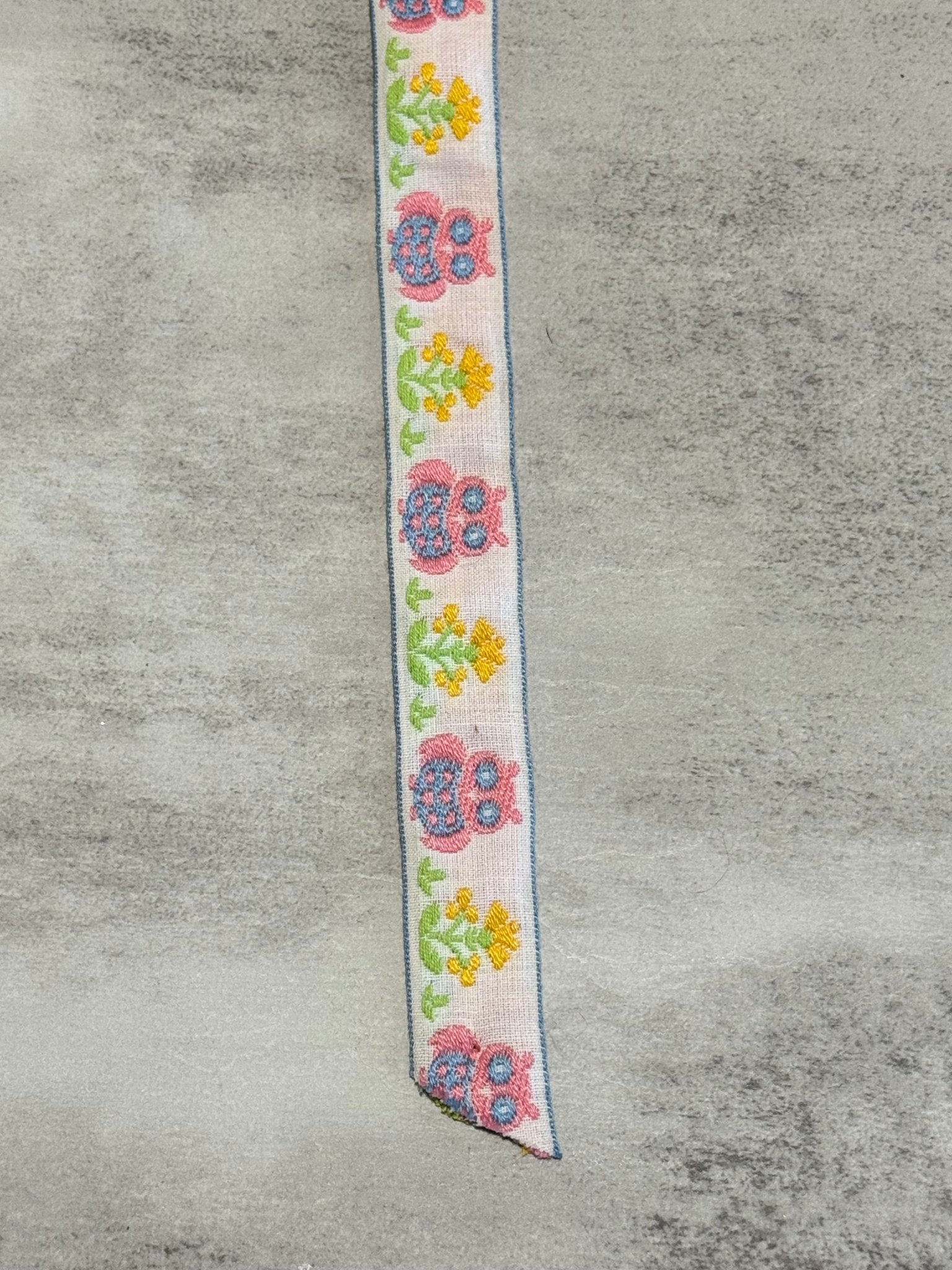 Owl Blossoms in Pink & Yellow, 0.875” Vintage Jacquard Woven Trim. Trim - 170 - Boho Fabrics - Trims