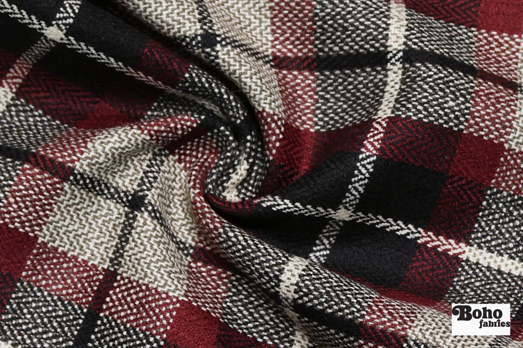 Oxblood Windowpane Plaid Wool Woven Fabric - Boho Fabrics - Wool Coating, Woven