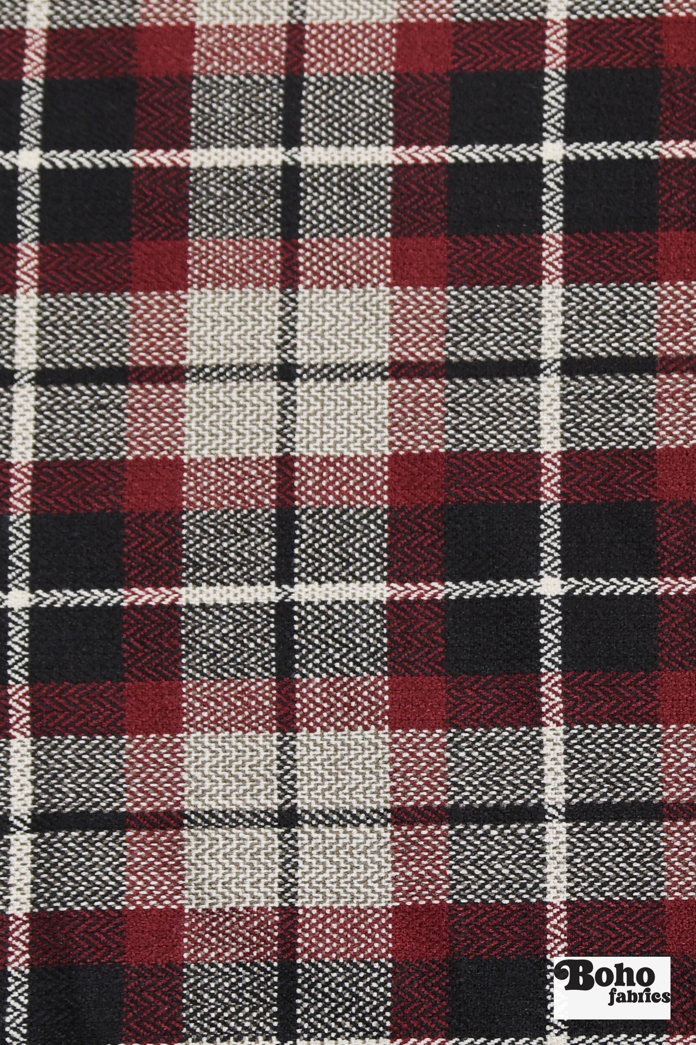 Oxblood Windowpane Plaid Wool Woven Fabric - Boho Fabrics - Wool Coating, Woven