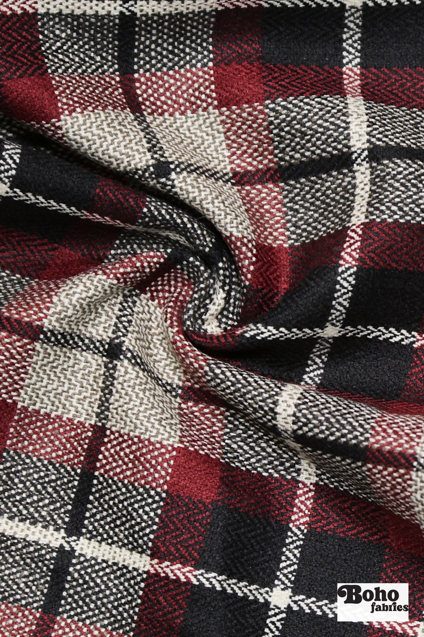 Oxblood Windowpane Plaid Wool Woven Fabric - Boho Fabrics - Wool Coating, Woven