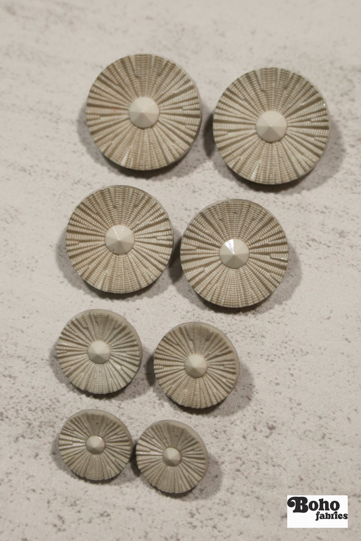 Pale Gray Round Ridged Sunburst Shank Buttons. 26L (16mm/ 3/4"), 28L, (18mm/ 11/16"), 34L (21mm / 13/16"), 36L (23mm, 7/8"), 42L (26mm/ 1") (Copy) - Boho Fabrics - Buttons & Snaps