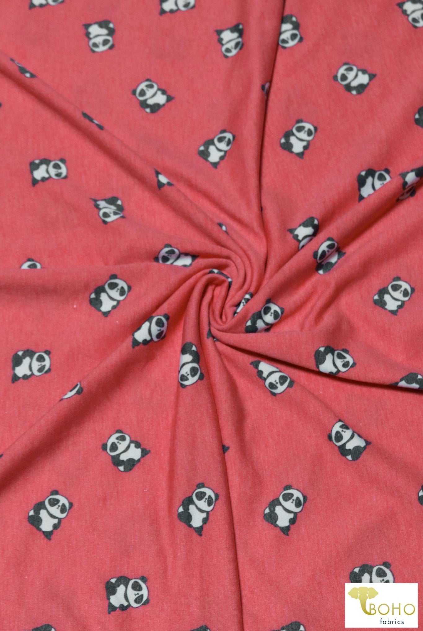 Pandas on Coral Red, French Terry Knit Print. FTP-321-RED - Boho Fabrics