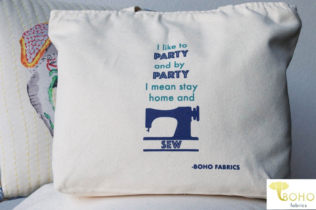 "Party & Sew!", Zippered Cotton Canvas Tote Bag - Boho Fabrics