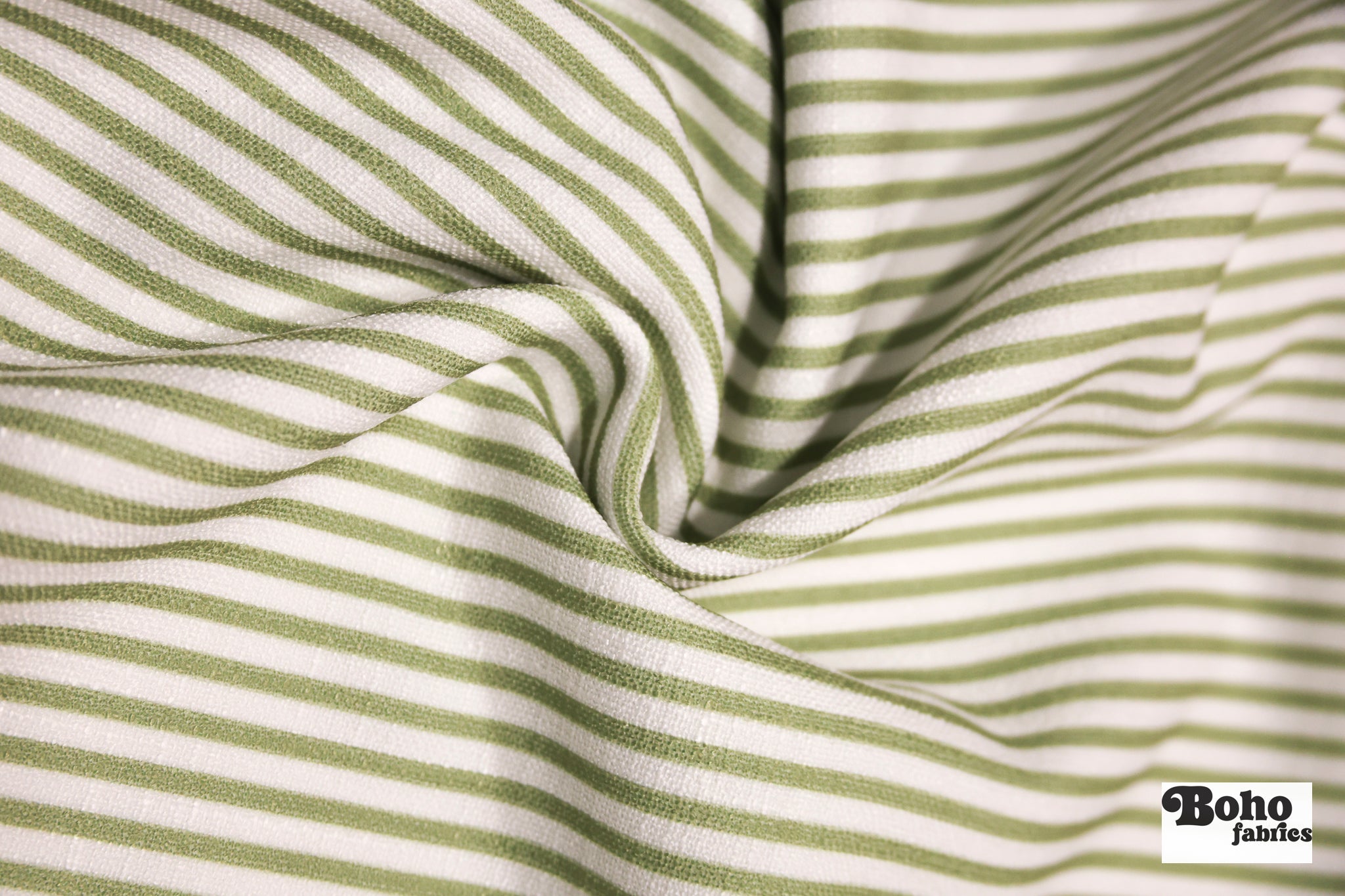 Pea Green & White, Narrow Striped Linen-Look Woven Fabric - Boho Fabrics - Home Dec. & Upholstery Fabric