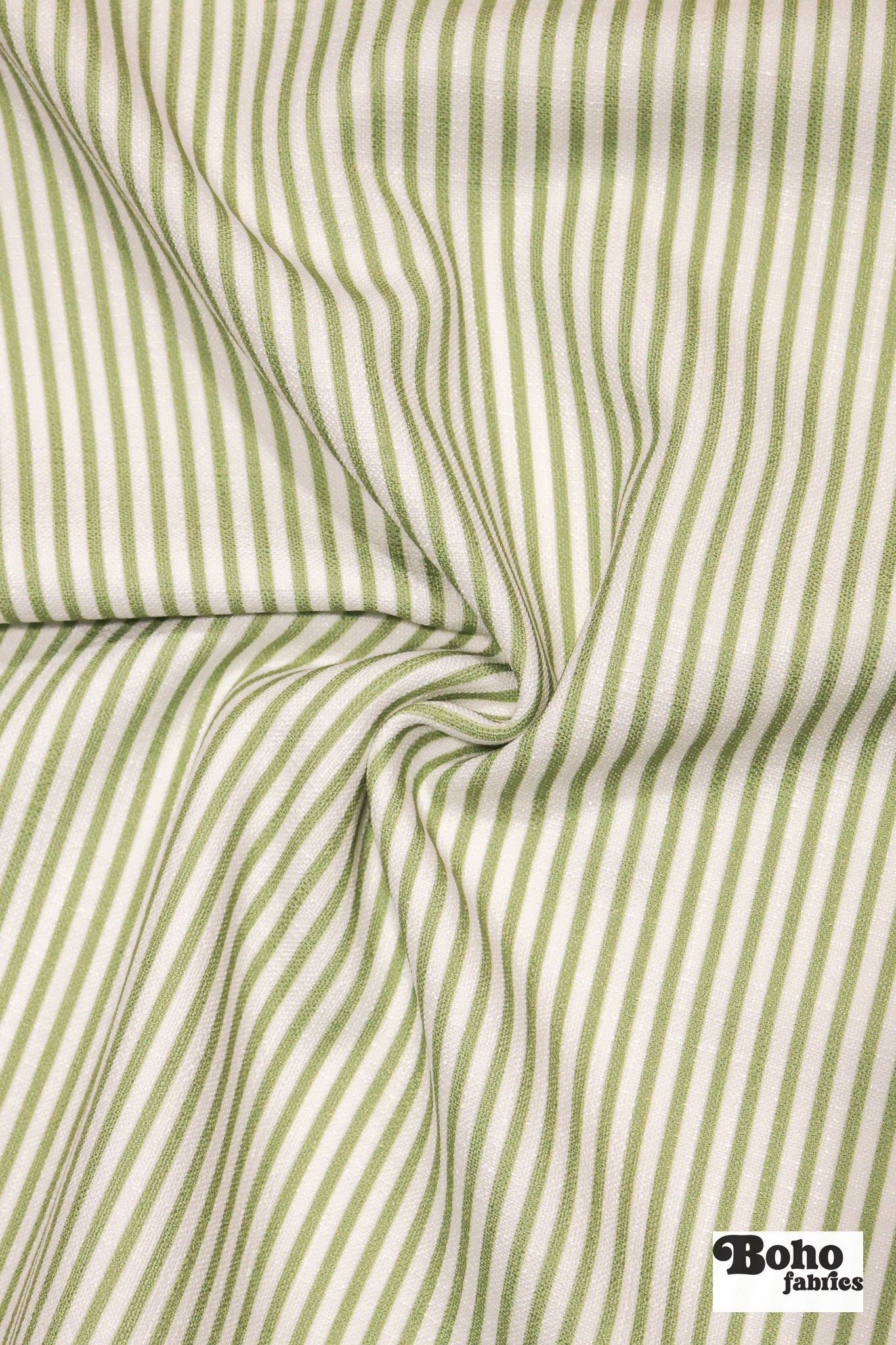 Pea Green & White, Narrow Striped Linen-Look Woven Fabric - Boho Fabrics - Home Dec. & Upholstery Fabric