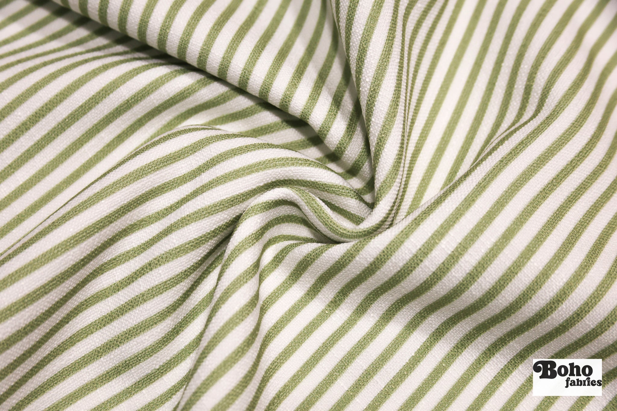 Pea Green & White, Narrow Striped Linen-Look Woven Fabric - Boho Fabrics - Home Dec. & Upholstery Fabric