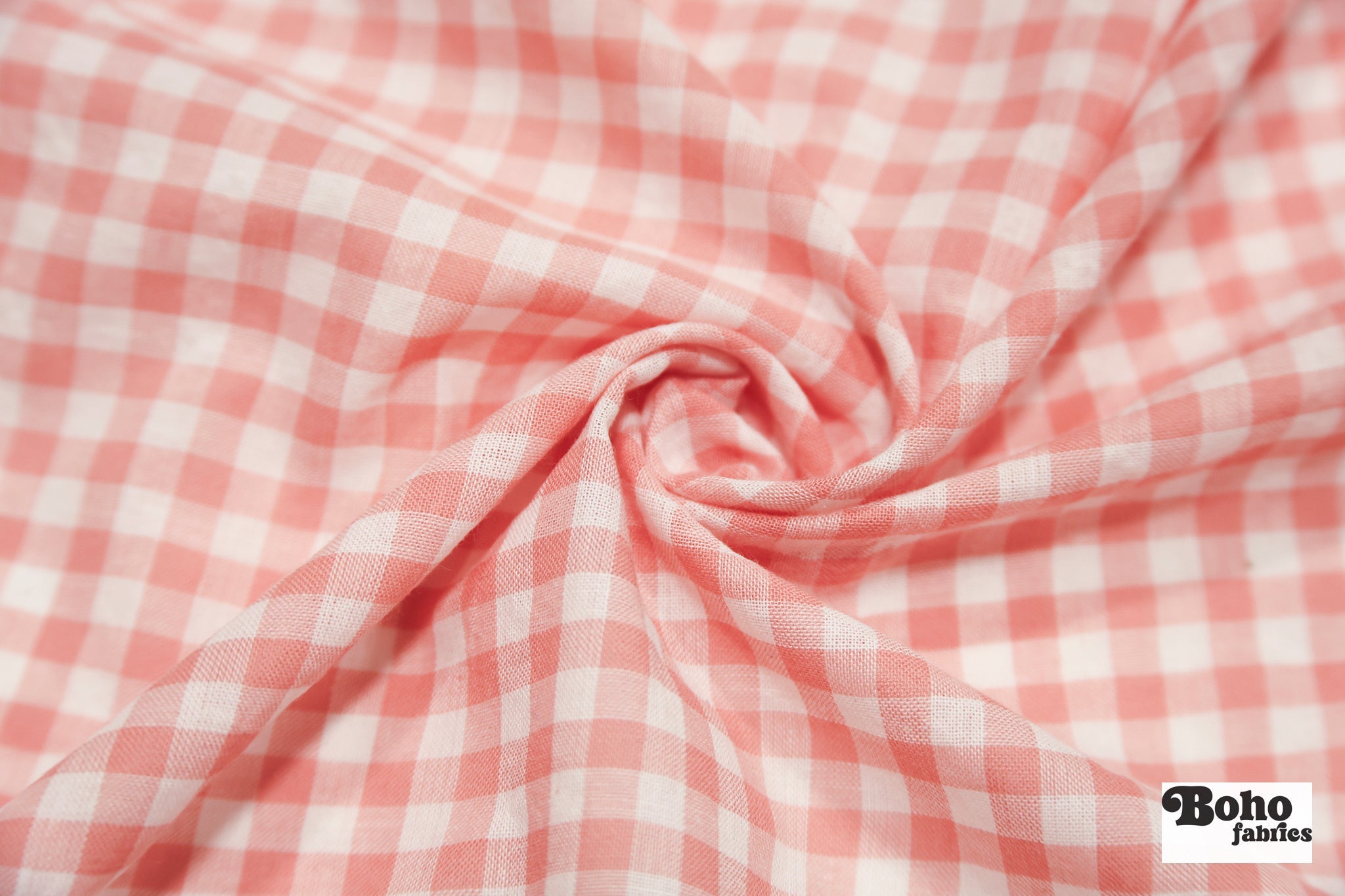 Peach and White Gingham Cotton Shirting Woven Fabric - Boho Fabrics - Woven, Fabric