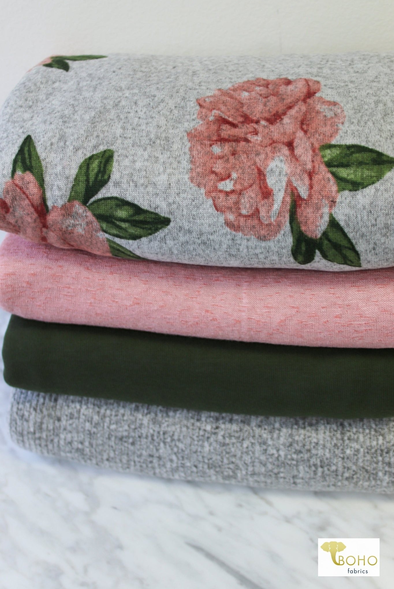 Peach Peony Florals, Printed Sweater Knit Fabric - Boho Fabrics