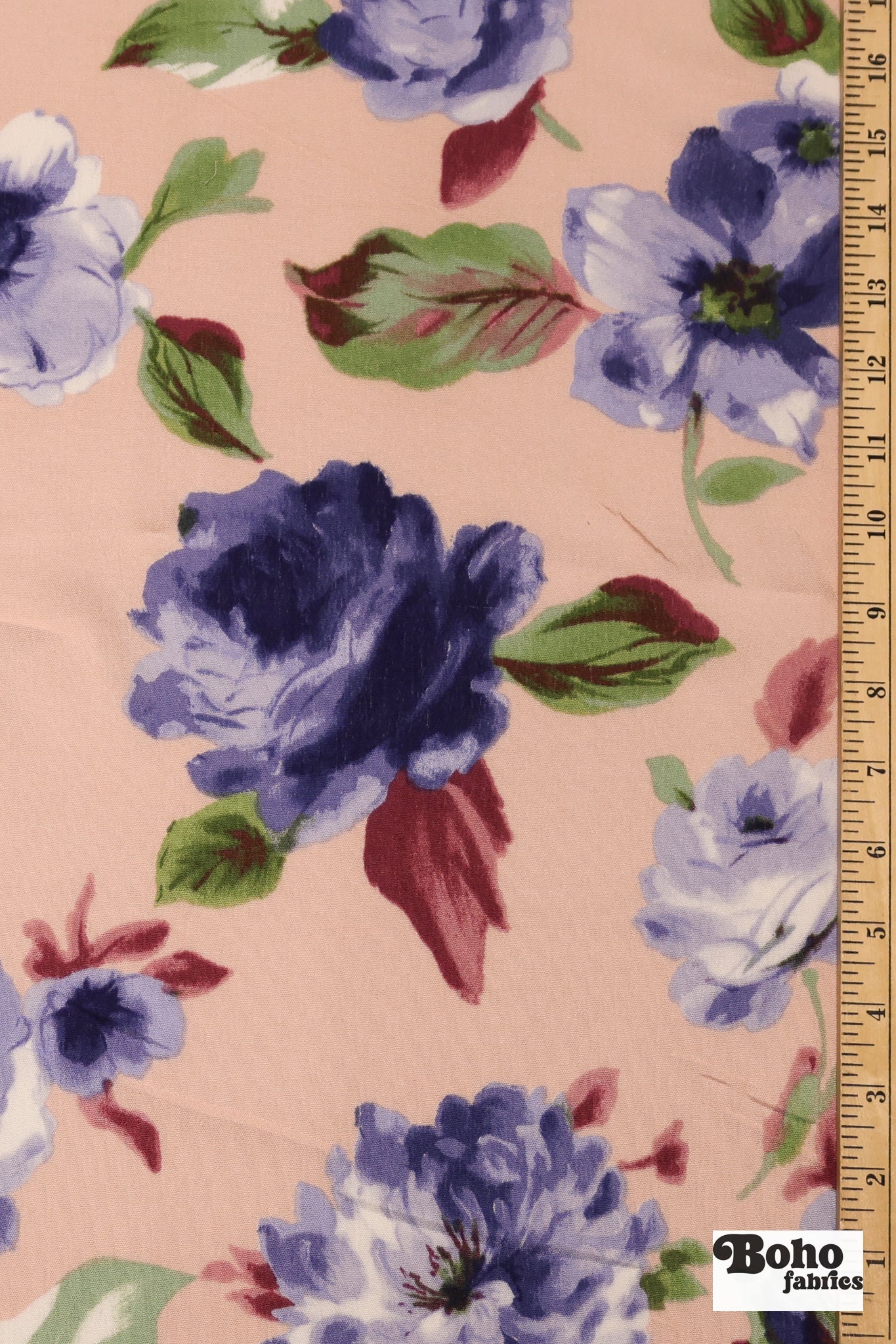 Peach with Large Blue Roses Rayon Crepe Woven Fabric - Boho Fabrics - Crepe, Woven
