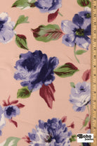 Peach with Large Blue Roses Rayon Crepe Woven Fabric - Boho Fabrics - Crepe, Woven