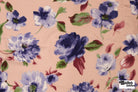 Peach with Large Blue Roses Rayon Crepe Woven Fabric - Boho Fabrics - Crepe, Woven
