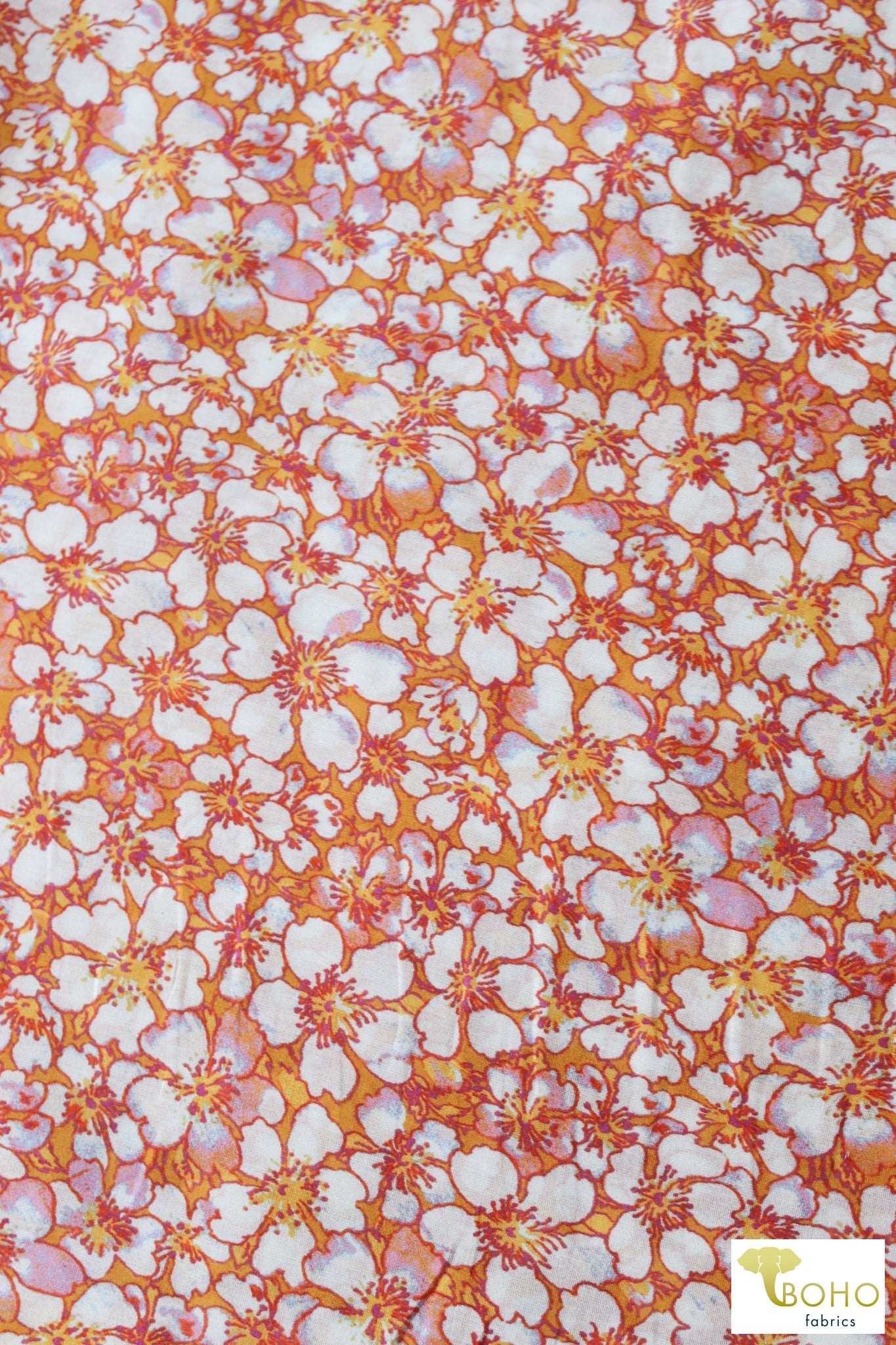 Pear Blossoms on Orange Cotton/Silk Woven WVP-241-ORG - Boho Fabrics