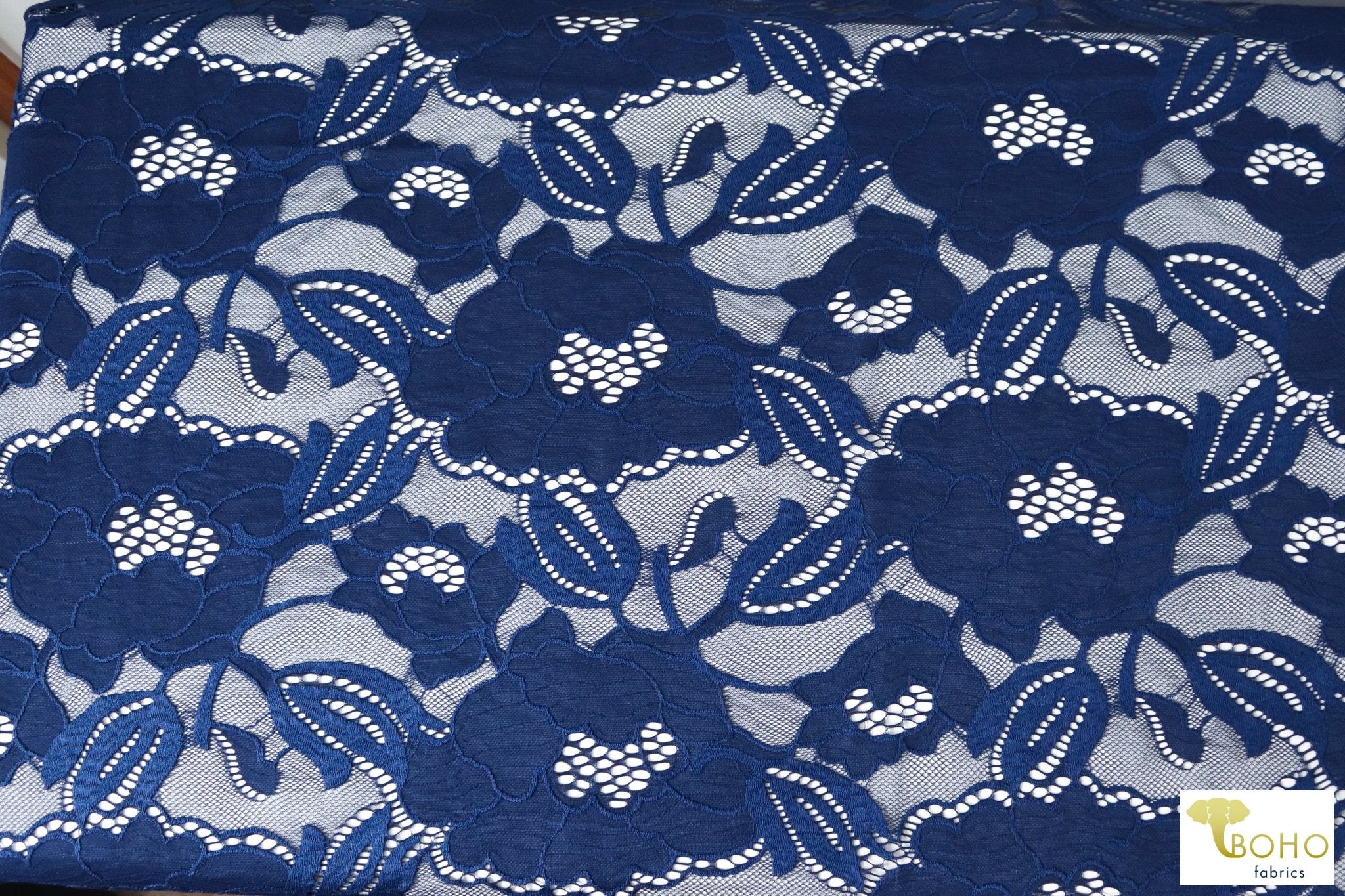Peony Petals in Blue. Stretch Lace Fabric. SL-127-BLU - Boho Fabrics