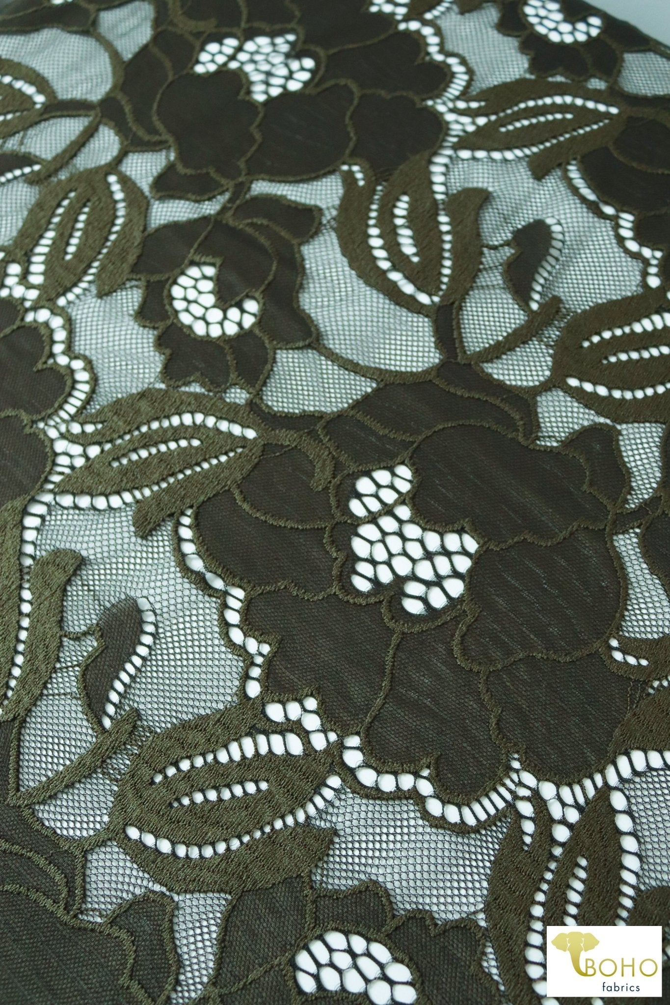 Peony Petals in Green. Stretch Lace Fabric. SL-127-GRN - Boho Fabrics