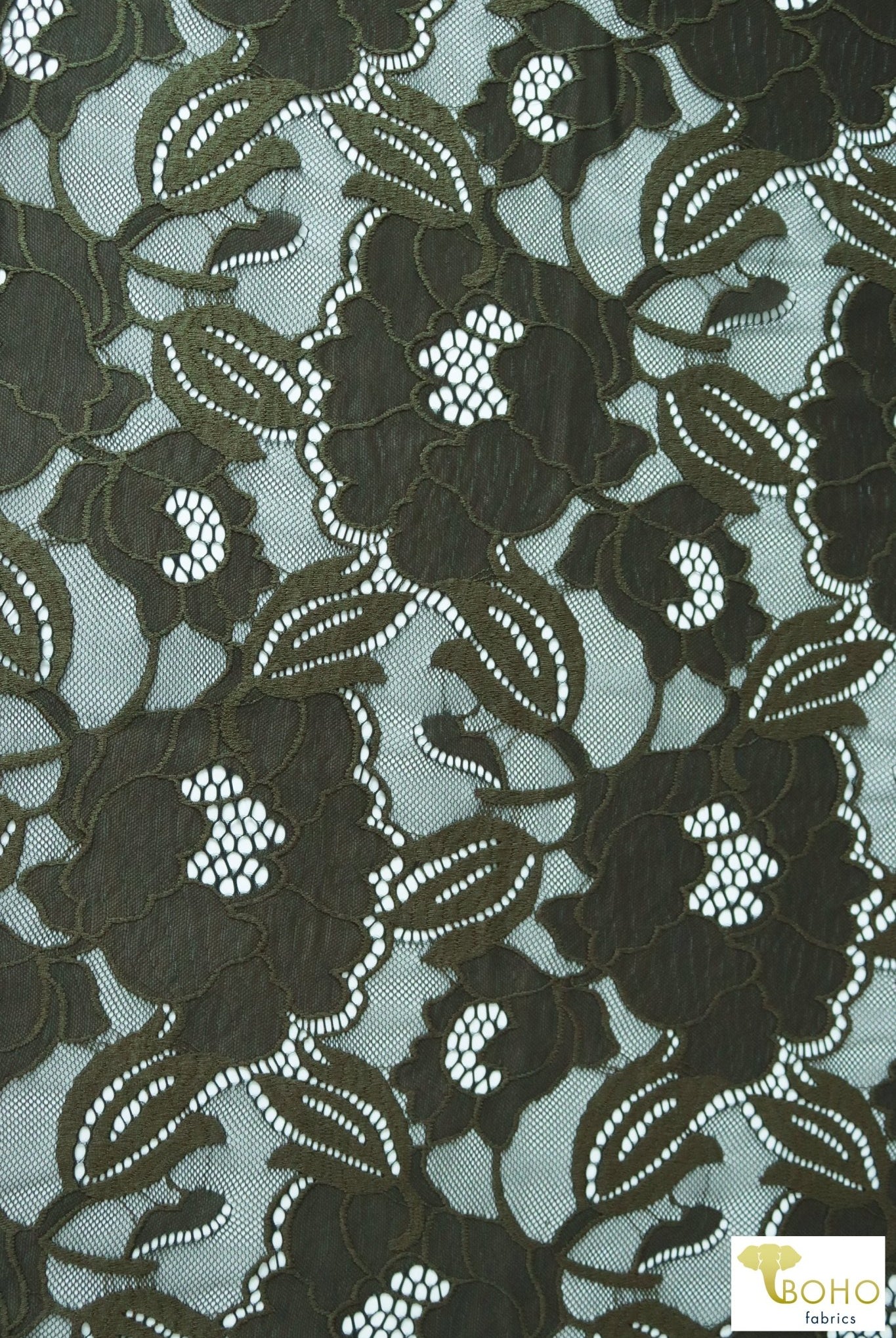 Peony Petals in Green. Stretch Lace Fabric. SL-127-GRN - Boho Fabrics