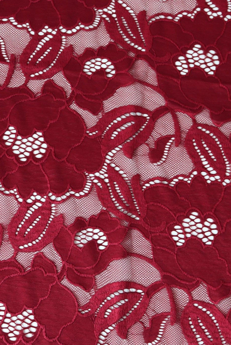 Peony Petals in Red. Stretch Lace Fabric. SL-127-RED - Boho Fabrics