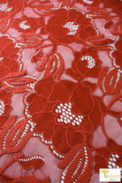Peony Petals in Rust. Stretch Lace Fabric. SL-127-ORG - Boho Fabrics