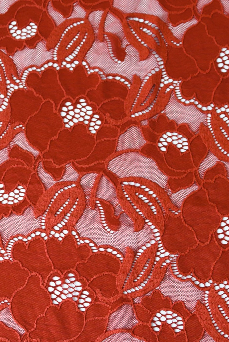 Peony Petals in Rust. Stretch Lace Fabric. SL-127-ORG - Boho Fabrics