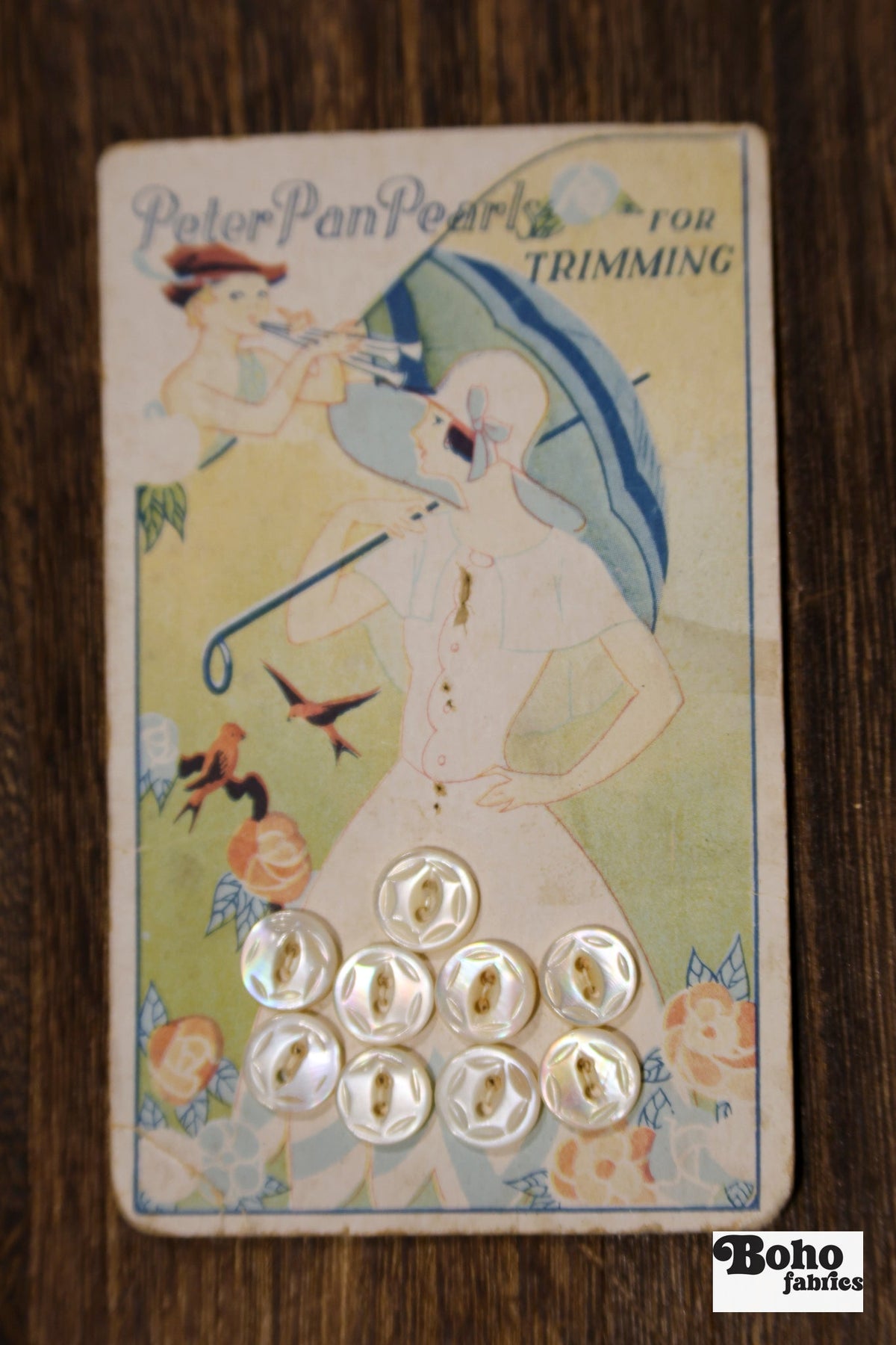 Peter Pan Pearls Vintage Mother of Pearl Button Card — 10mm White Buttons, Illustrated Lady with Parasol, 1920s–30s - Boho Fabrics - Buttons & Snaps