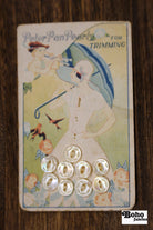 Peter Pan Pearls Vintage Mother of Pearl Button Card — 10mm White Buttons, Illustrated Lady with Parasol, 1920s–30s - Boho Fabrics - Buttons & Snaps