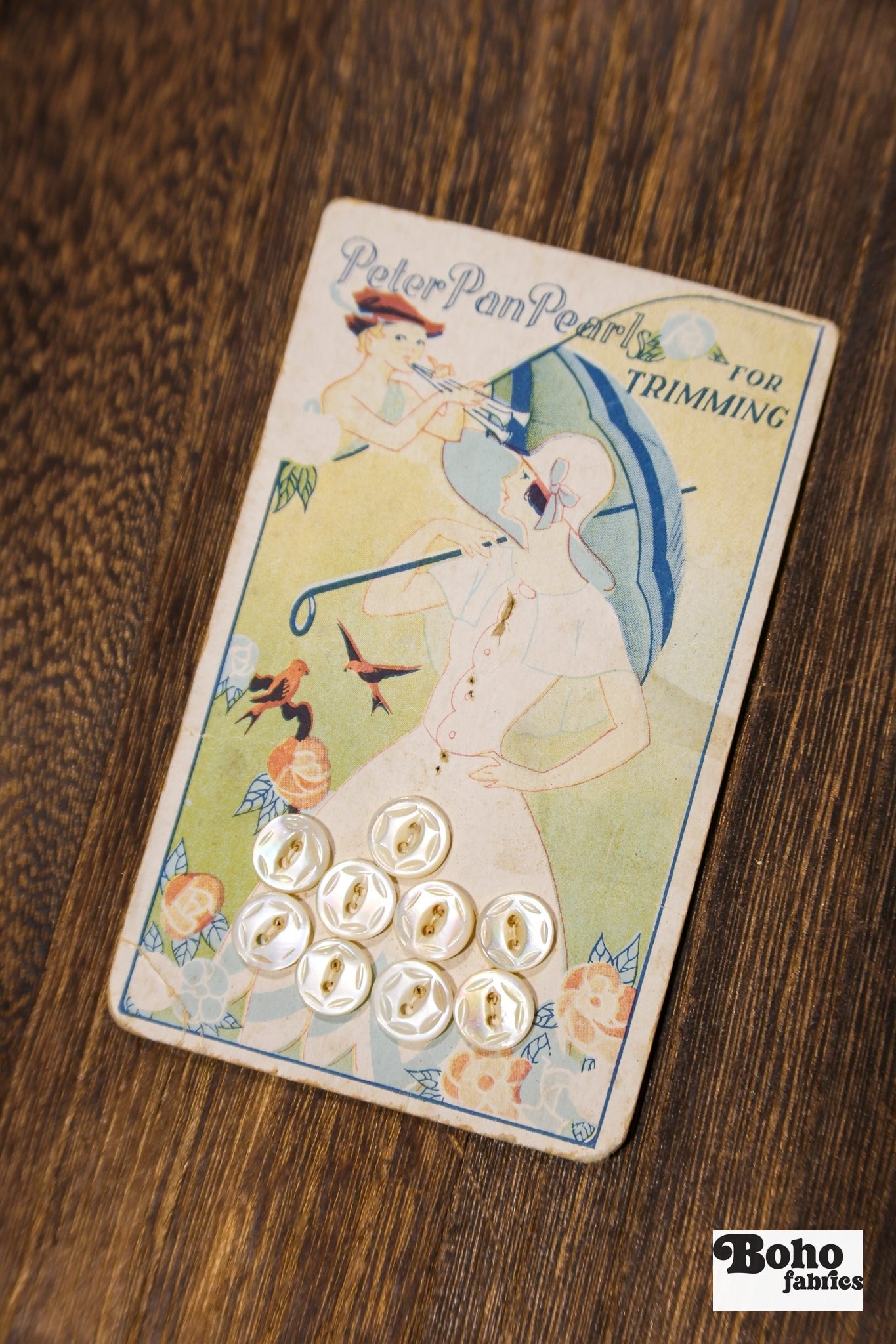 Peter Pan Pearls Vintage Mother of Pearl Button Card — 10mm White Buttons, Illustrated Lady with Parasol, 1920s–30s - Boho Fabrics - Buttons & Snaps