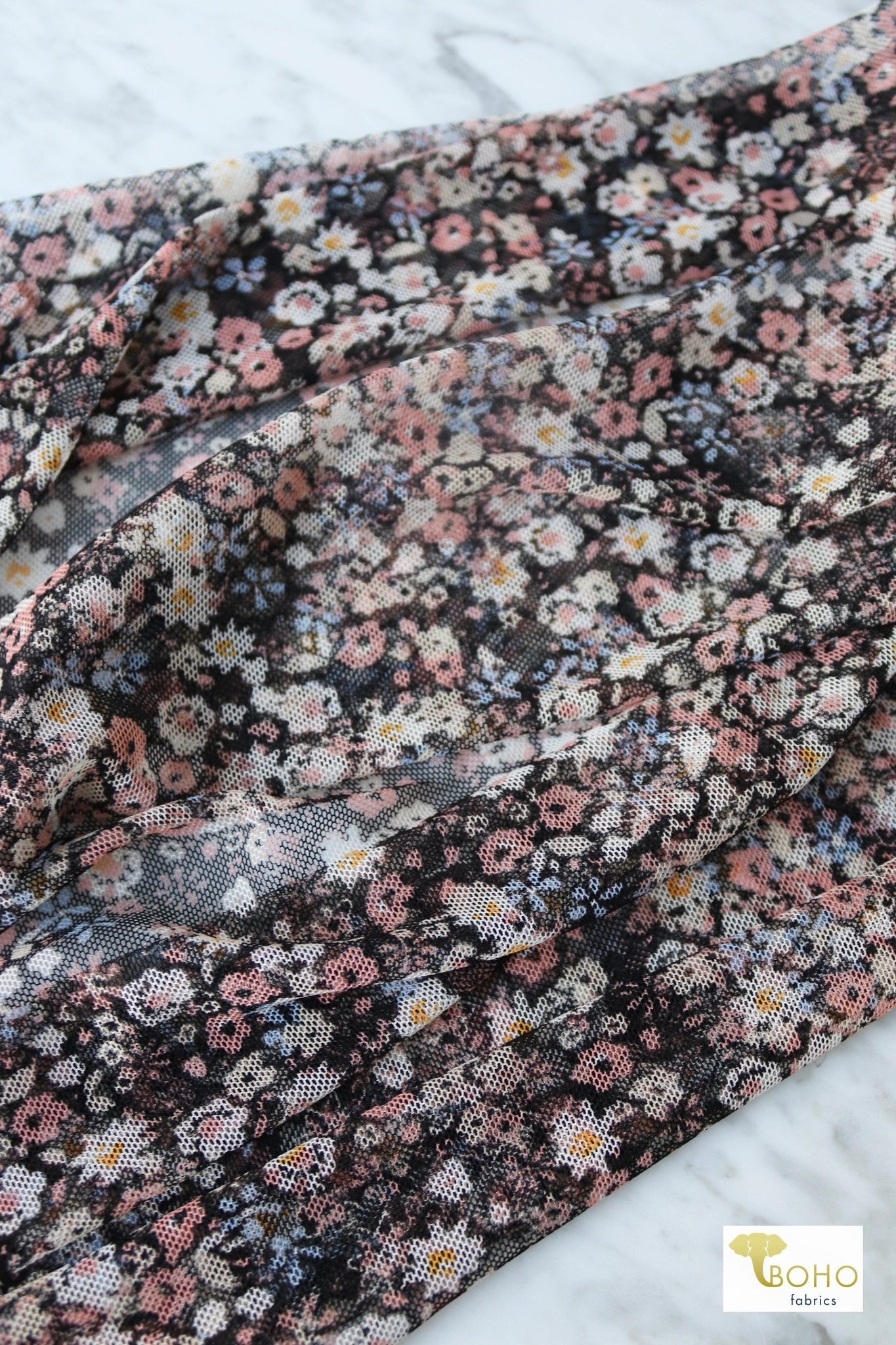 Petite Floral Bouquets, Stretch Mesh Printed Fabric. - Boho Fabrics