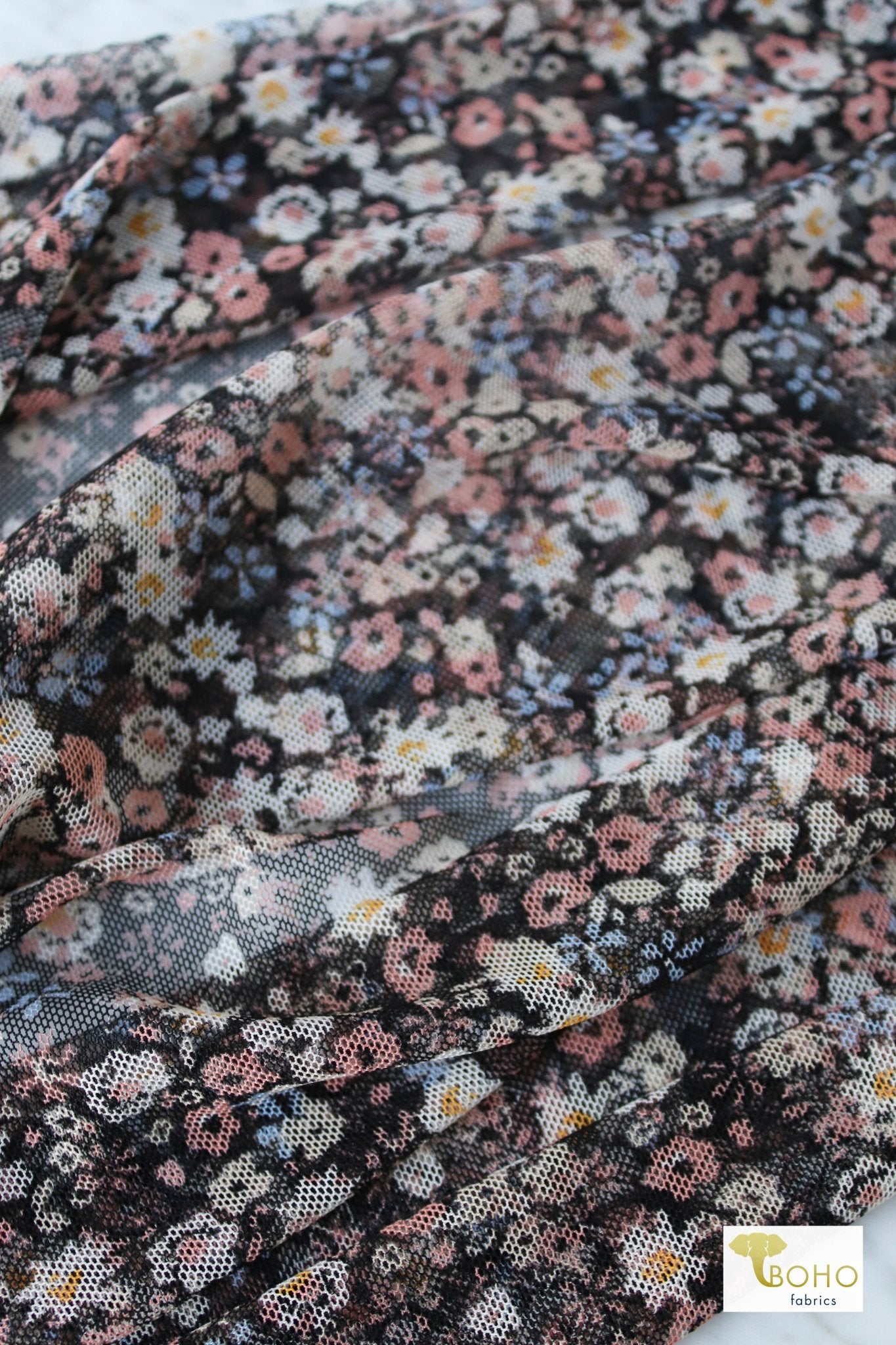 Petite Floral Bouquets, Stretch Mesh Printed Fabric. - Boho Fabrics