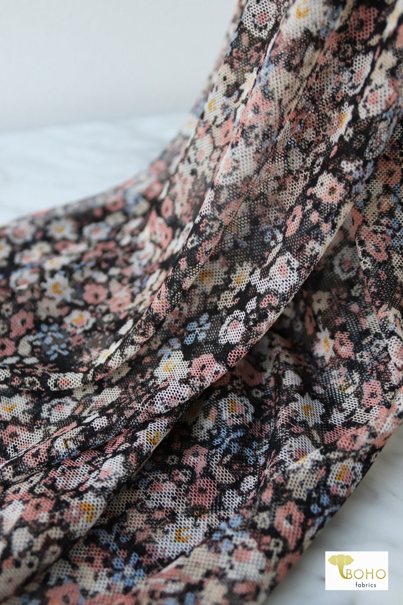 Petite Floral Bouquets, Stretch Mesh Printed Fabric. - Boho Fabrics