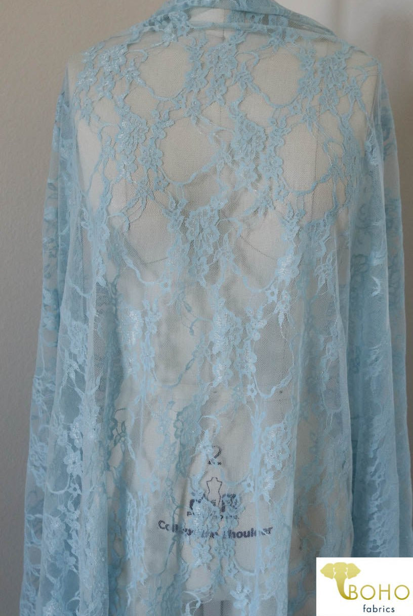 Petite Floral Stretch Lace in Baby Blue. SL-108-BLU. - Boho Fabrics