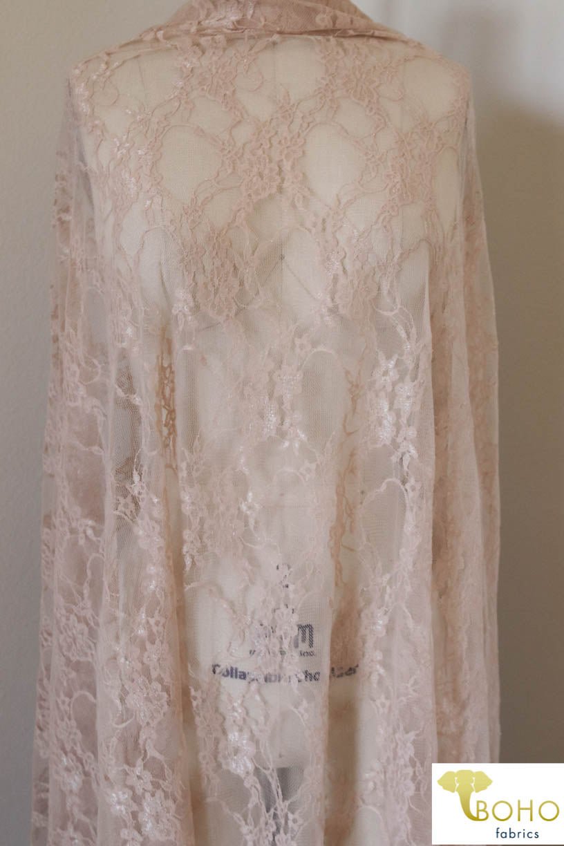 Petite Floral Stretch Lace in Beige. SL-108-NDE. - Boho Fabrics