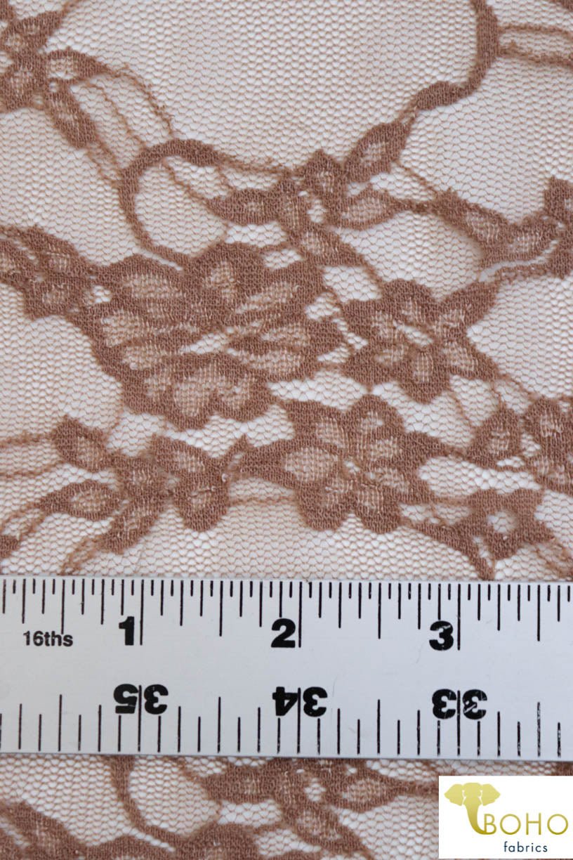 Petite Floral Stretch Lace in Deep Taupe. SL-108-BRWN. - Boho Fabrics